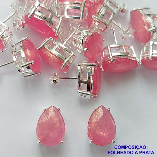 BRINCO FOLHEADA A PRATA COM 50 MILÉSIMOS + VERNIZ DIAMOND - BRINCO DE PINO BASE ALTA FUSÃO ROSA COM BRILHOS 10X14MM PRA349