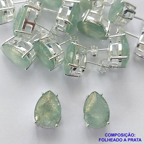BRINCO FOLHEADA A PRATA COM 50 MILÉSIMOS + VERNIZ DIAMOND - BRINCO DE PINO BASE ALTA FUSÃO VERDE COM BRILHOS 10X14MM PRA354