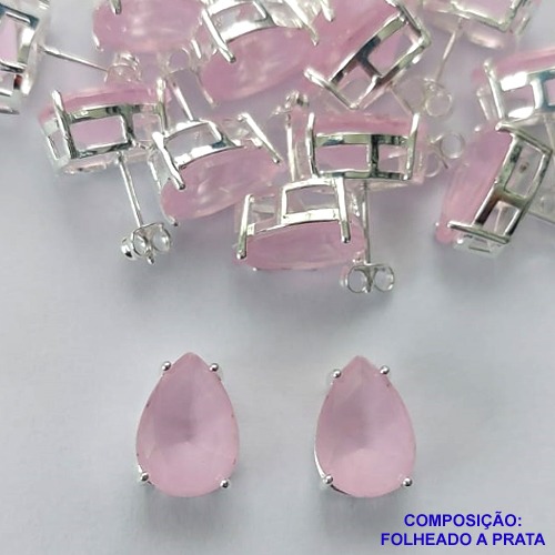 BRINCO FOLHEADA A PRATA COM 50 MILÉSIMOS + VERNIZ DIAMOND - BRINCO DE PINO BASE ALTA FUSÃO ROSA 10X14MM PRA355