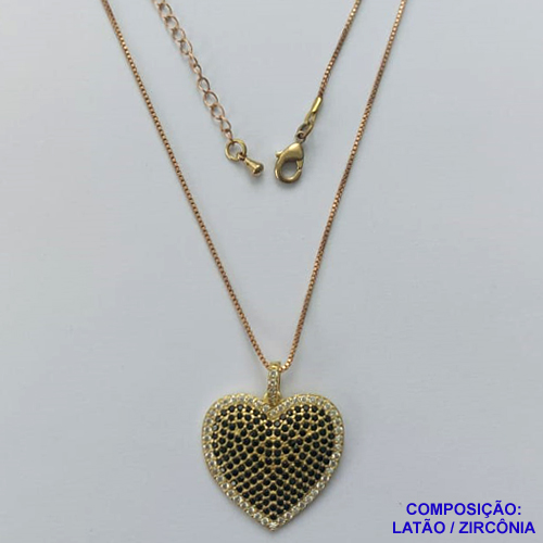 GARGANTILHA NO BRUTO PRONTA PARA O BANHO - (CX.118)  GARGANTILHA COM CORRENTE VENEZIANA 45CM + EXTENSOR E PINGENTE CORAÇÃO CRAVEJADO EM MICROS ZIRCÔNIAS NEGRAS E CRISTAIS 24MM - PESO TOTAL 5,7GR - BRU14750