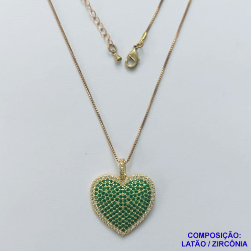 GARGANTILHA NO BRUTO PRONTA PARA O BANHO - (CX.118)  GARGANTILHA COM CORRENTE VENEZIANA 45CM + EXTENSOR E PINGENTE CORAÇÃO CRAVEJADO EM MICROS ZIRCÔNIAS VERDES E CRISTAIS 24MM - PESO TOTAL 5,7GR - BRU14751