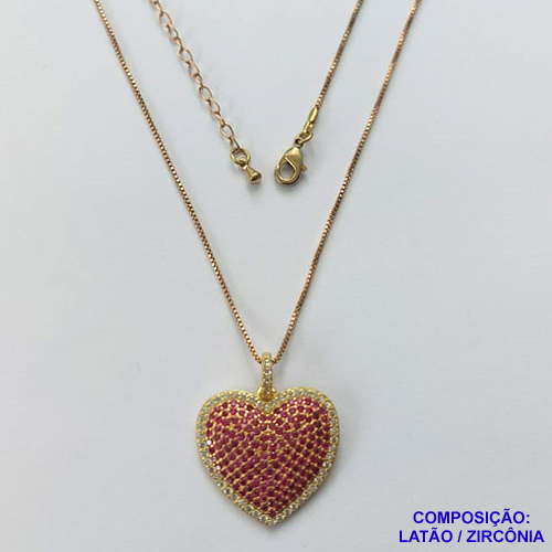 GARGANTILHA NO BRUTO PRONTA PARA O BANHO -( cx.118) GARGANTILHA COM CORRENTE VENEZIANA 45CM + EXTENSOR E PINGENTE CORAÇÃO CRAVEJADO EM MICROS ZIRCÔNIAS ROSAS E CRISTAIS 24MM - PESO TOTAL 5,7GR - BRU14752