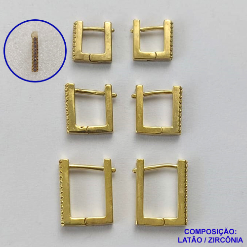 BRINCO NO BRUTO PRONTO PARA O BANHO LATÃO - (CX.117)  TRIO DE BRINCO COM 3 PARES QUADRADOS CRAVEJADOS COM MICROS ZIRCÔNIAS - TAMANHOS; 10/12/14MM - PESO TOTAL 6,5GR - BRU14773