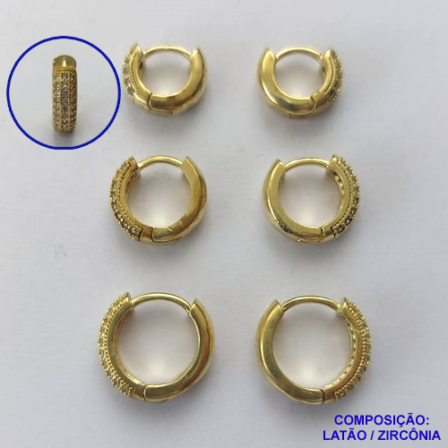 BRINCO NO BRUTO PRONTO PARA O BANHO LATÃO - (CX.117)  TRIO DE BRINCO COM 3 PARES CRAVEJADOS COM MICROS ZIRCÔNIAS - TAMANHOS: 9/11/13MM - PESO TOTAL 6,8GR - BRU14774