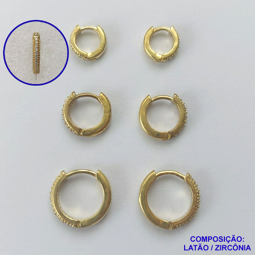 BRINCO NO BRUTO PRONTO PARA O BANHO LATÃO -  (CX.117) TRIO DE BRINCO COM 3 PARES CRAVEJADOS COM MICROS ZIRCÔNIAS - TAMANHOS: 10/12/14MM - PESO TOTAL 4,1GR - BRU14775
