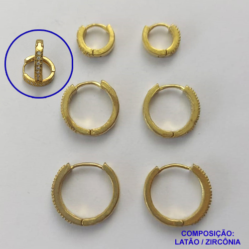 BRINCO NO BRUTO PRONTO PARA O BANHO LATÃO -  (CX.117) TRIO DE BRINCO COM 3 PARES CRAVEJADOS COM MICROS ZIRCÔNIAS - TAMANHOS: 10/15/17MM - PESO TOTAL 7,5GR - BRU14788