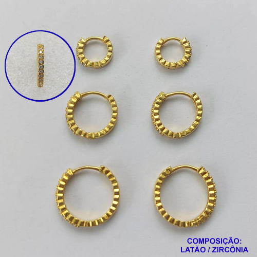 BRINCO NO BRUTO PRONTO PARA O BANHO LATÃO - (CX.117)  TRIO DE BRINCO COM 3 PARES CRAVEJADOS COM MICROS ZIRCÔNIAS - TAMANHOS: 10/14/17MM - PESO TOTAL 5,1GR - BRU14793