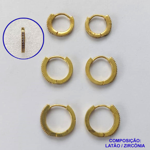 BRINCO NO BRUTO PRONTO PARA O BANHO LATÃO - (CX.39)  TRIO DE BRINCO COM 3 PARES CRAVEJADOS COM MICROS ZIRCÔNIAS - TAMANHOS: 12/14/15MM - PESO TOTAL 4,7GR - BRU14795