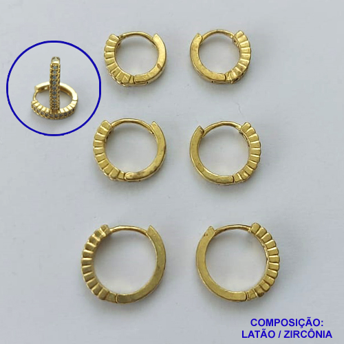 BRINCO NO BRUTO PRONTO PARA O BANHO LATÃO(CX119)- TRIO DE BRINCO COM 3 PARES CRAVEJADOS COM MICROS ZIRCÔNIAS - TAMANHOS: 11/13/15MM - PESO TOTAL 5,8GR - BRU14798