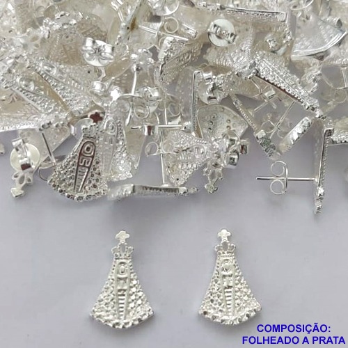 BRINCO FOLHEADA A PRATA COM 50 MILÉSIMOS + VERNIZ DIAMOND - BRINCO DE PINO NOSSA SENHORA APARECIDA 10MM PRA362
