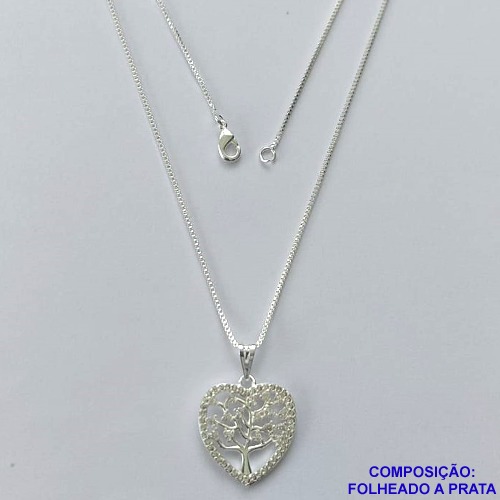 GARGANTILHA FOLHEADA A PRATA COM 50 MILÉSIMOS + VERNIZ DIAMOND - GARGANTILHA CORRENTE 45CM PINGENTE CORAÇÃO ÁRVORE DA VIDA COM MICRO ZIRCÔNIAS 17MM - FECHO LAGOSTA PRA365