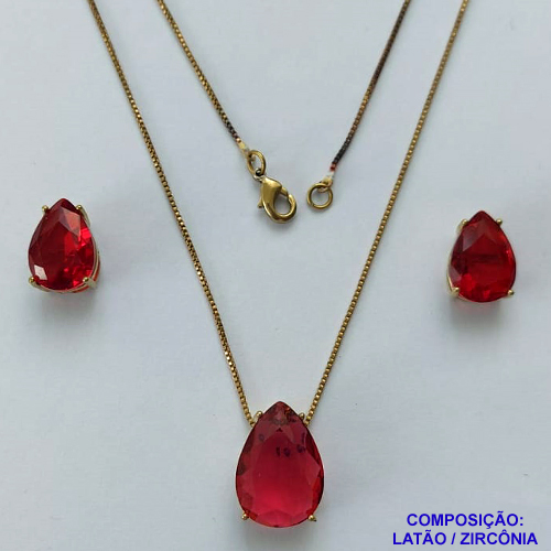 CONJUNTO NO BRUTO PRONTO PARA O BANHO(CX107) - CONJUNTO COM BRINCOS DE PINO 10X14MM E PINGENTE BASE EM ALTA FUSÃO E PEDRA EM ZIRCÔNIA 13X18MM VERMELHO - PESO TOTAL 8,9GR - BRU14804