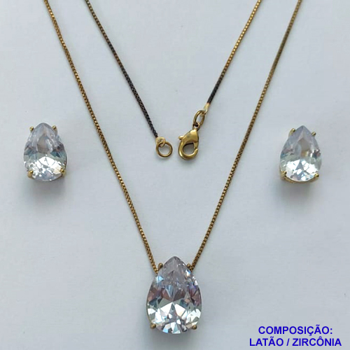 CONJUNTO NO BRUTO PRONTO PARA O BANHO(CX107) - CONJUNTO COM BRINCOS DE PINO 10X14MM E PINGENTE BASE EM ALTA FUSÃO E PEDRA EM ZIRCÔNIA 13X18MM CRISTAL - PESO TOTAL 8,9GR - BRU14807