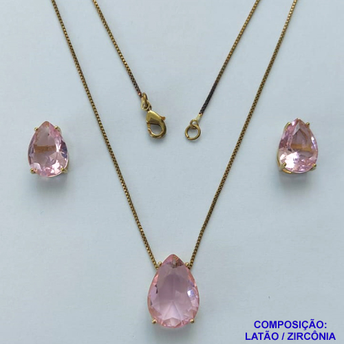 CONJUNTO NO BRUTO PRONTO PARA O BANHO(CX107) - CONJUNTO COM BRINCOS DE PINO 10X14MM E PINGENTE BASE EM ALTA FUSÃO E PEDRA EM ZIRCÔNIA 13X18MM ROSA - PESO TOTAL 8,9GR - BRU14808