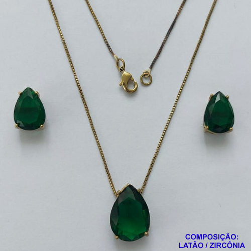 CONJUNTO NO BRUTO PRONTO PARA O BANHO(CX107) - CONJUNTO COM BRINCOS DE PINO 10X14MM E PINGENTE BASE EM ALTA FUSÃO E PEDRA EM ZIRCÔNIA 13X18MM VERDE ESCURO - PESO TOTAL 8,9GR - BRU14810