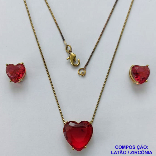 CONJUNTO NO BRUTO PRONTO PARA O BANHO - CONJUNTO COM BRINCOS DE PINO 10X10MM E PINGENTE BASE EM ALTA FUSÃO E PEDRA EM ZIRCÔNIA CORAÇÃO 13X18MM VERMELHO - PESO TOTAL 7,2GR - BRU14811