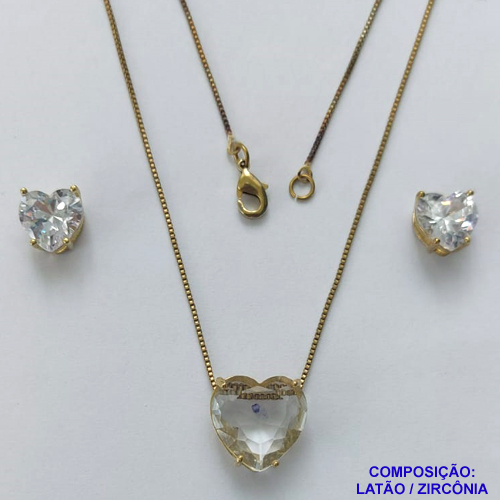 CONJUNTO NO BRUTO PRONTO PARA O BANHO - CONJUNTO COM BRINCOS DE PINO 10X10MM E PINGENTE BASE EM ALTA FUSÃO E PEDRA EM ZIRCÔNIA CORAÇÃO 13X18MM CRISTAL - PESO TOTAL 7,2GR - BRU14813