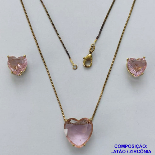CONJUNTO NO BRUTO PRONTO PARA O BANHO - CONJUNTO COM BRINCOS DE PINO 10X10MM E PINGENTE BASE EM ALTA FUSÃO E PEDRA EM ZIRCÔNIA CORAÇÃO 13X18MM ROSA - PESO TOTAL 7,2GR - BRU14815
