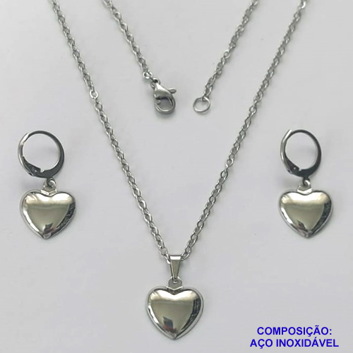 CONJUNTO EM AÇO INOXIDÁVEL(CX119) - CONJUNTO EM AÇO INOXIDÁVEL CORRENTE 50CM (AÇO03) BRINCO ARGOLA DE PRESSÃO E PINGENTE CORAÇÃO 12MM - COMPOSIÇÃO: AÇO INOXIDÁVEL - AÇO1951