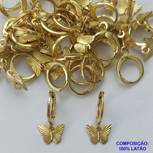BRINCO NO BRUTO PRONTO PARA O BANHO(CX125) - BRINCO ARGOLINHA DE PRESSÃO (TRANQUETA) (5169) COM PINGENTE BORBOLETA 9MM - PESO TOTAL 1,8GR - COMPOSIÇÃO: 100% LATÃO - BRU14816