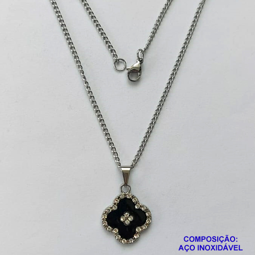 GARGANTILHA EM AÇO INOXIDÁVEL(CX119) -  GARGANTILHA COM CORRENTE 42CM E PINGENTE VAN CLEEF PRETO COM CRISTAIS 16MM - COMPOSIÇÃO: AÇO INOXIDÁVEL - AÇO1961