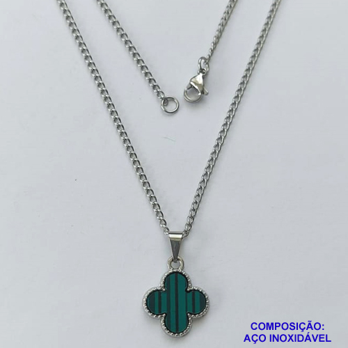 GARGANTILHA EM AÇO INOXIDÁVEL(CX119) -  GARGANTILHA COM CORRENTE 42CM E PINGENTE VAN CLEEF VERDE LISTRADA 14MM - COMPOSIÇÃO: AÇO INOXIDÁVEL - AÇO1964