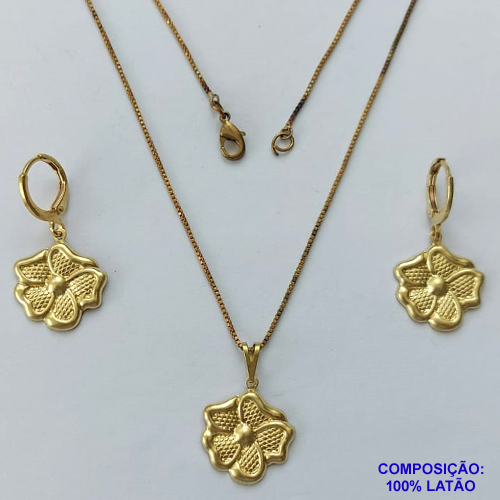 CONJUNTO NO BRUTO PRONTO PARA O BANHO(CX124) - (E3412) CONJUNTO COM CORRENTE VENEZIANA 45CM E BRINCOS E PINGENTES FLOR 15MM - PESO TOTAL 5,7GR - COMPOSIÇÃO: 100% LATÃO - BRU14843