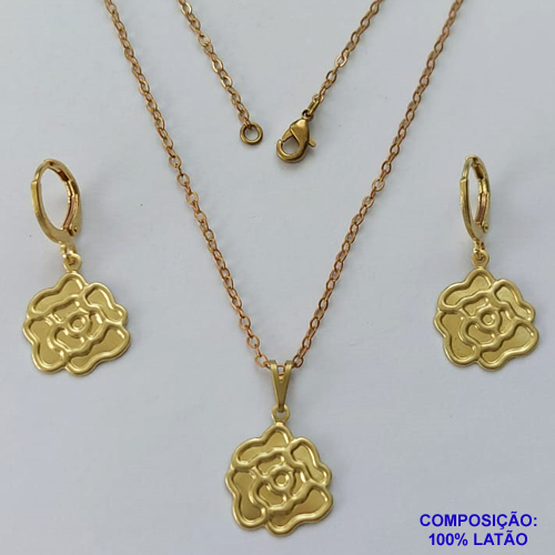 CONJUNTO NO BRUTO PRONTO PARA O BANHO(CX124) - (E3400) CONJUNTO COM CORRENTE CADEADO 45CM E BRINCOS E PINGENTES FLOR 14MM - PESO TOTAL 4,4GR - COMPOSIÇÃO: 100% LATÃO - BRU14844