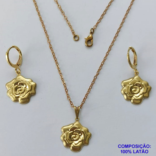 CONJUNTO NO BRUTO PRONTO PARA O BANHO - (CX.31)  (E3413) CONJUNTO COM CORRENTE CADEADO 45CM E BRINCOS E PINGENTES FLOR 16MM - PESO TOTAL 4,7GR - COMPOSIÇÃO: 100% LATÃO - BRU14845