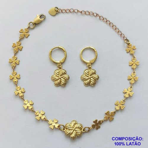 CONJUNTO NO BRUTO PRONTO PARA O BANHO(CX121) - (E3419) CONJUNTO COM PULSEIRA TODA EM TREVOS 18CM + EXTENSOR E BRINCO ARGOLINHA DE PRESSÃO (TRANQUETA)FLOR 11MM - PESO TOTAL 4,4GR - COMPOSIÇÃO: 100% LATÃO - BRU14846