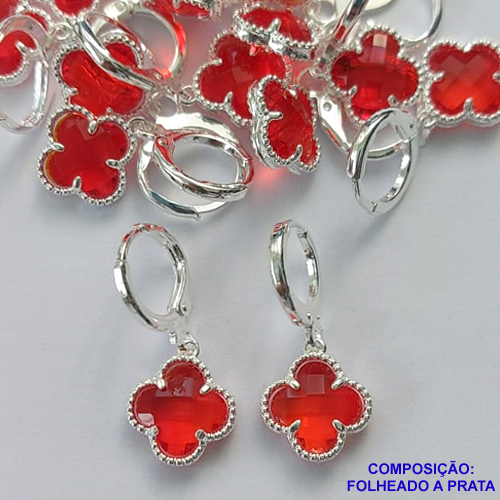 BRINCO FOLHEADO A PRATA COM 50 MILÉSIMOS + VERNIZ DIAMOND - BRINCO ARGOLINHA DE PRESSÃO (TRANQUETA) TIPO VAN CLEEF VERMELHO VIDRO 10MM PRA372