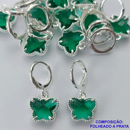 BRINCO FOLHEADO A PRATA COM 50 MILÉSIMOS + VERNIZ DIAMOND - BRINCO ARGOLINHA DE PRESSÃO (TRANQUETA) TIPO VAN CLEEF BORBOLETA VERDE VIDRO 10MM PRA373
