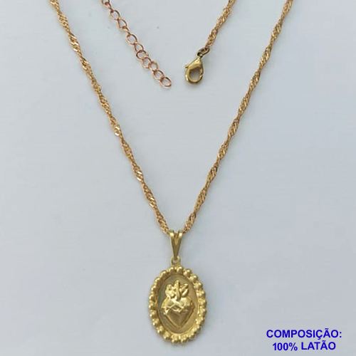 GARGANTILHA NO BRUTO PRONTO PARA O BANHO(CX125) - GARGANTILHA COM CORRENTE SINGAPURA 45CM (E3388) PINGENTE MEDALHA OVAL SAGRADO CORAÇÃO 20MM - PESO TOTAL 1,9GR - BRU14870