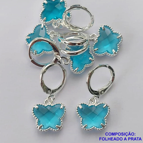 BRINCO FOLHEADO A PRATA COM 50 MILÉSIMOS + VERNIZ DIAMOND - BRINCO ARGOLINHA DE PRESSÃO (TRANQUETA) TIPO VAN CLEEF BORBOLETA AZUL VIDRO 10MM PRA375
