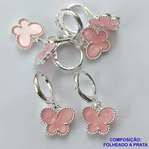 BRINCO FOLHEADO A PRATA COM 50 MILÉSIMOS + VERNIZ DIAMOND - BRINCO ARGOLINHA DE PRESSÃO (TRANQUETA) TIPO VAN CLEEF BORBOLETA ROSA RESINA 10MM PRA376