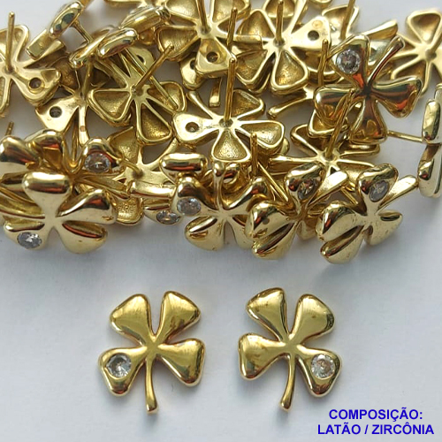 BRINCO NO BRUTO PRONTO PARA O BANHO(CX121) - BRINCO DE PINO TREVO DE 4 FOLHAS CRAVEJADO COM ZIRCÔNIA CRISTAL (BX001298 W) - COMPOSIÇÃO: LATÃO / ZIRCÔNIA  - TAMANHO 12X14MM - PESO TOTAL 2,6GR - BRU14884