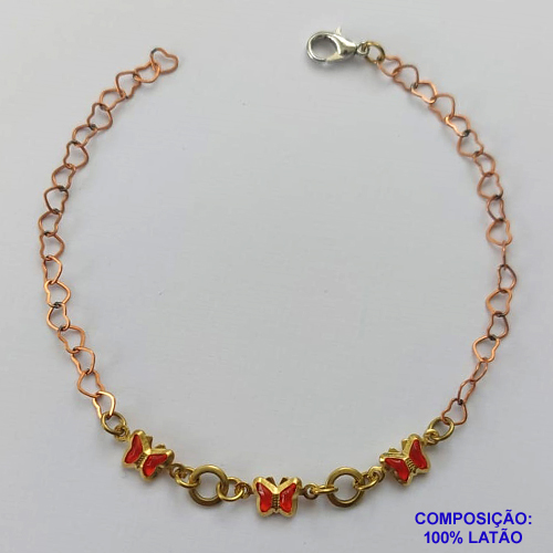 PULSEIRA NO BRUTO PRONTO PARA O BANHO - (CX.30)  PULSEIRA 18CM COM BORBOLETAS VERMELHAS - COMPOSIÇÃO: 100% LATÃO - PESO TOTAL 1,7GR - BRU14888