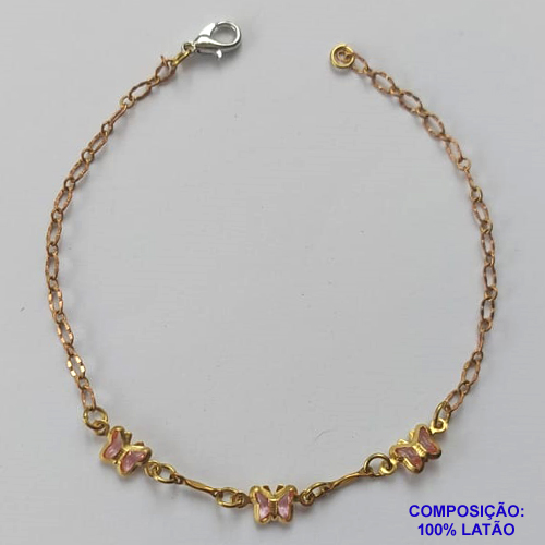 PULSEIRA NO BRUTO PRONTA PARA O BANHO -  (CX.31)  PULSEIRA 18CM COM BORBOLETAS ROSAS - COMPOSIÇÃO: 100% LATÃO - PESO TOTAL 1,7GR - BRU14892