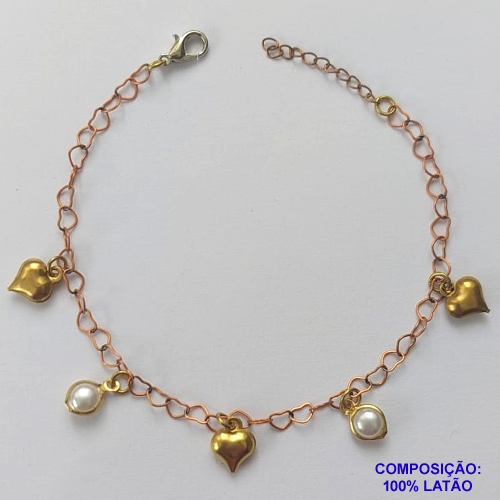 PULSEIRA NO BRUTO PRONTA PARA O BANHO - PULSEIRA 18CM COM CORAÇÕES E PÉROLAS - COMPOSIÇÃO: 100% LATÃO - PESO TOTAL 2,5GR - BRU14894
