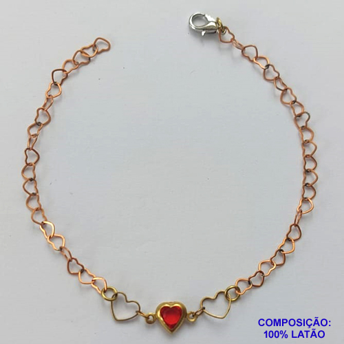 PULSEIRA NO BRUTO PRONTA PARA O BANHO - (CX.30)  PULSEIRA 18CM COM CORAÇÕES VAZADOS E CORAÇÃO VERMELHO - COMPOSIÇÃO: 100% LATÃO - PESO TOTAL 1,4GR - BRU14897