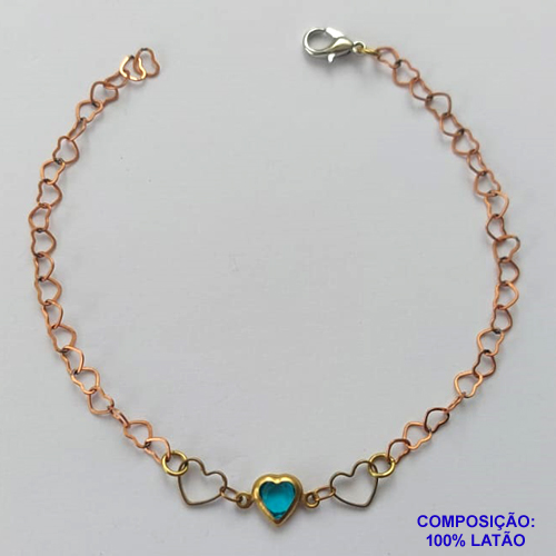 PULSEIRA NO BRUTO PRONTA PARA O BANHO - PULSEIRA 18CM COM CORAÇÕES VAZADOS E CORAÇÃO AZUL - COMPOSIÇÃO: 100% LATÃO - PESO TOTAL 1,4GR - BRU14898