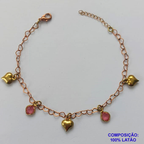 PULSEIRA NO BRUTO PRONTA PARA O BANHO - (CX.30)  PULSEIRA 18CM COM CORAÇÕES DUPLOS E CRISTAL ROSA - COMPOSIÇÃO: 100% LATÃO - PESO TOTAL 1,8GR - BRU14900