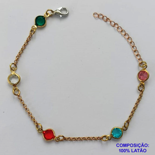 PULSEIRA NO BRUTO PRONTA PARA O BANHO - (CX.30)  PULSEIRA 18CM COM CRISTAIS COLORIDOS - COMPOSIÇÃO: 100% LATÃO - PESO TOTAL 2,1GR - BRU14903