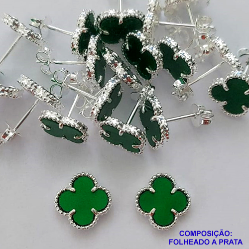 BRINCO FOLHEADO A PRATA COM 50 MILÉSIMOS + VERNIZ DIAMOND - BRINCO DE PINO TIPO VAN CLEEF VERDE RESINA 10MM PRA385