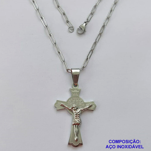 GARGANTILHA EM AÇO INOXIDÁVEL - (12753)  (CX.123)  GARGANTILHA COM CORRENTE 60CM E PINGENTE CRUCIFIXO 44MM - COMPOSIÇÃO: AÇO INOXIDÁVEL - AÇO1974