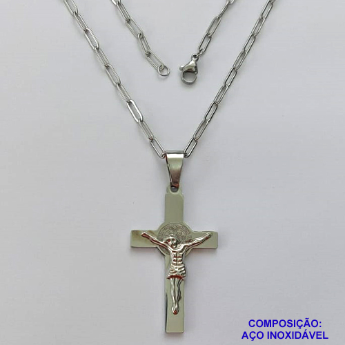 GARGANTILHA EM AÇO INOXIDÁVEL - (12753)  (CX.123)  GARGANTILHA COM CORRENTE 60CM E PINGENTE CRUCIFIXO 47MM - COMPOSIÇÃO: AÇO INOXIDÁVEL - AÇO1976