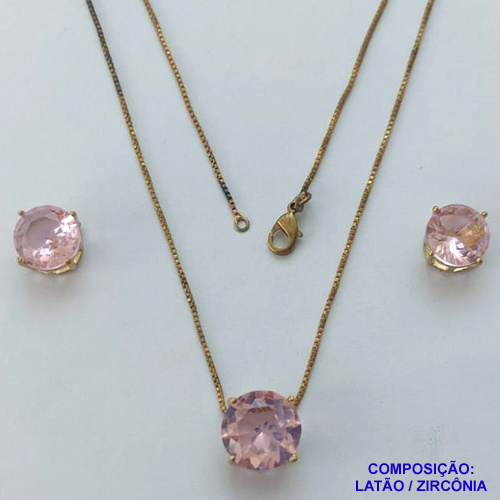 CONJUNTO NO BRUTO PRONTO PARA O BANHO - CONJUNTO ALTA FUSÃO COM BRINCOS DE PINO 10X10MM E PINGENTE COM PEDRA EM ZIRCÔNIA 12X12MM ROSA - PESO TOTAL 5,8GR - BRU14909