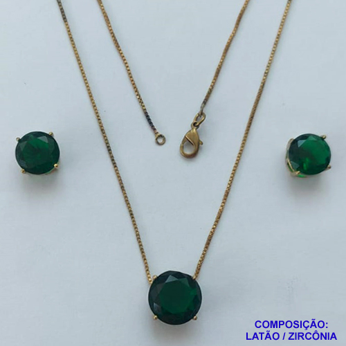 CONJUNTO NO BRUTO PRONTO PARA O BANHO - CONJUNTO ALTA FUSÃO COM BRINCOS DE PINO 10X10MM E PINGENTE COM PEDRA EM ZIRCÔNIA 12X12MM VERDE ESCURA - PESO TOTAL 5,8GR - BRU14910