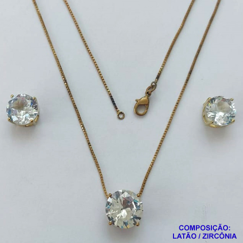CONJUNTO NO BRUTO PRONTO PARA O BANHO - CONJUNTO ALTA FUSÃO COM BRINCOS DE PINO 10X10MM E PINGENTE COM PEDRA EM ZIRCÔNIA 12X12MM CRISTAL - PESO TOTAL 5,8GR - BRU14911
