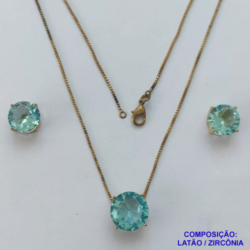 CONJUNTO NO BRUTO PRONTO PARA O BANHO - CONJUNTO ALTA FUSÃO COM BRINCOS DE PINO 10X10MM E PINGENTE COM PEDRA EM ZIRCÔNIA 12X12MM AZUL CLARO - PESO TOTAL 5,8GR - BRU14912